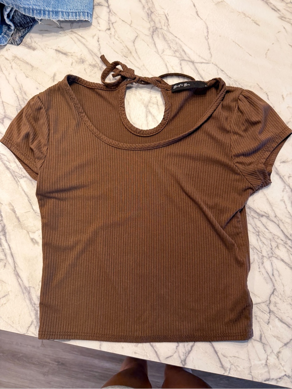 Ribbed Tie-Back Crop Top in Brown